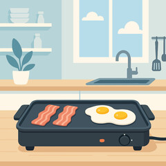 Cozy kitchen morning with bacon and eggs on griddle