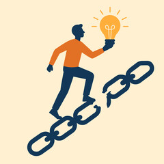 Innovative breakthrough: man escaping chains with bright idea in minimalist style