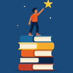 Ambitious boy reaching for a star on stack of books in flat design