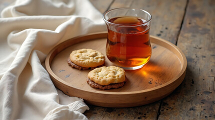 Rustic tea time: Delicious cookies and a refreshing glass of tea on wooden tray