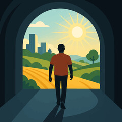 Man walking from tunnel to sunny countryside cityscape in flat design