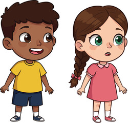 Cartoon boy and girl standing together, cute children character illustration, kids looking around, surprised expressions vector art for design.