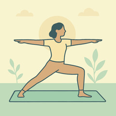 Flat design yoga pose in nature scene with soft pastels and simple shapes