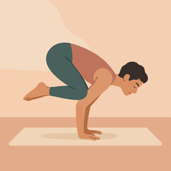 Calm balance: person practicing yoga arm balance pose in minimal flat design