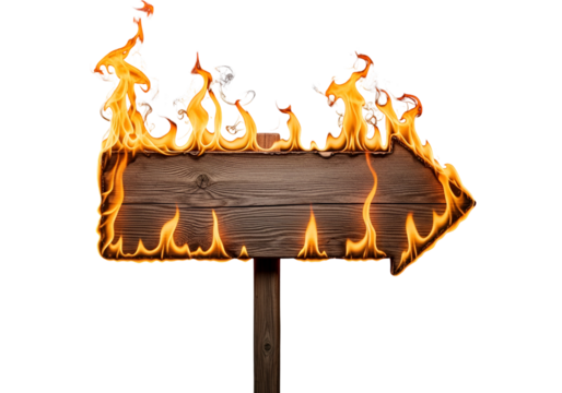 A wooden directional sign ablaze with vibrant flames against a stark black background.