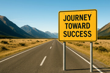 Yellow road sign with text Journey Toward Success on a long empty asphalt road with mountains and dry grass landscape