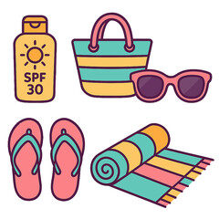 Colorful summer essentials: spf lotion, beach bag, sunglasses, flip flops, towel