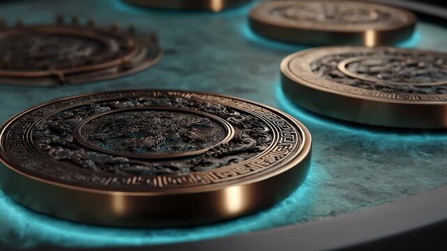 Bronze Dragon Pattern Disc Suspended Above Blue Halo