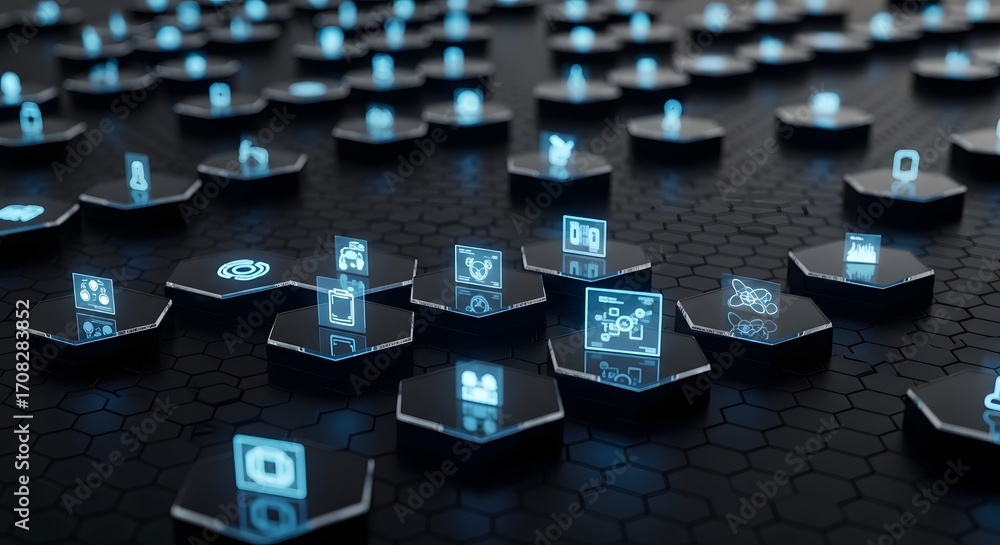 Aufkleber futuristic digital icons on dark hexagonal technology network background data ai global innovation c