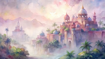 Dreamlike watercolor castle landscape with exotic flora and misty atmosphere