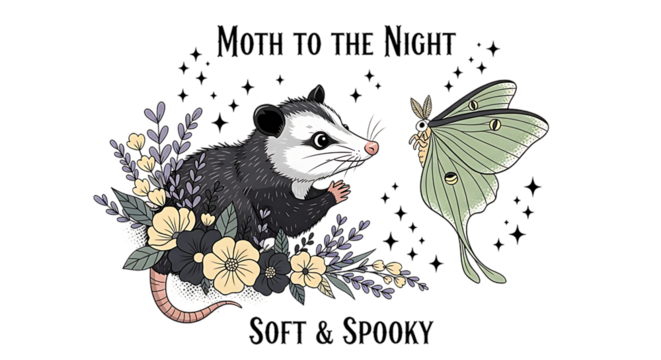 "Possum and Moth Nighttime Illustration – Soft & Spooky Floral Gothic Art with Stars" - Powered by Adobe