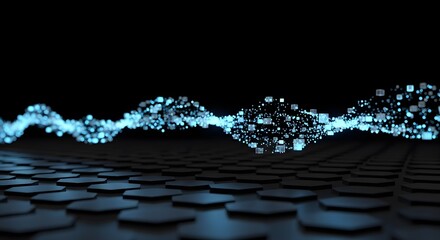 Abstract blue data wave flowing over dark hexagons technology network digital connection future science AI bigdata light cyber