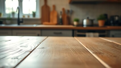 Wooden table surface with natural grain texture, bathed in warm kitchen light for a cozy atmosphere.