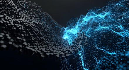 Cybernetic grid interacts with glowing blue energy particle wave data network technology abstract AI connection science future render