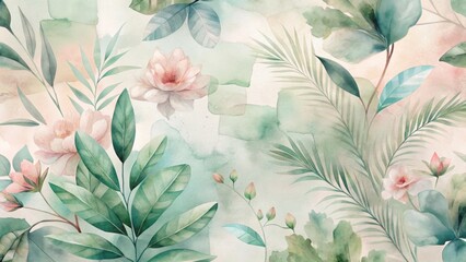 Whimsical botanical tapestry soft pastels floral leaves delicate and dreamy artwork