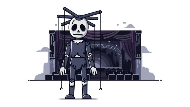 The Puppet&rsquo;s Stage Presence: A forlorn puppet stands center stage, its lifeless eyes and skeletal face contrasting with the grandeur of the theater, hinting at a story of control and manipulation.