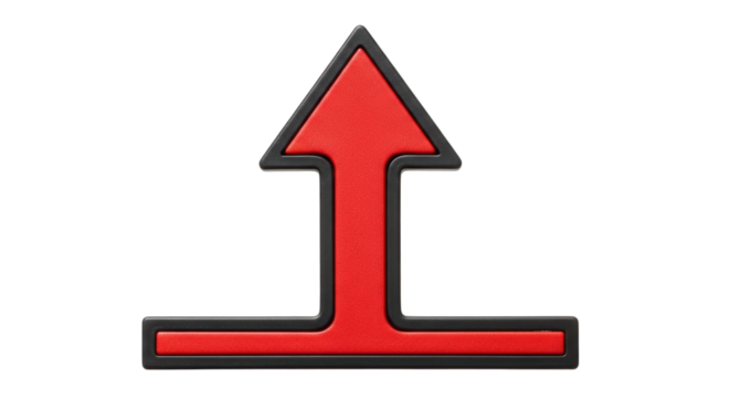 Isolated directional arrow pointing upward, simple upload or sending symbol in red and black