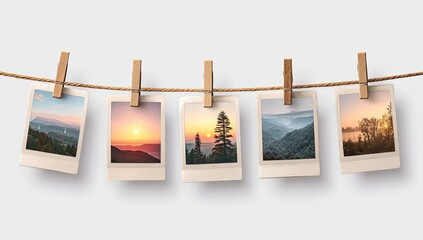 Five vintage-style instant photos,  hanging from a clothesline, depict various landscapes at sunset