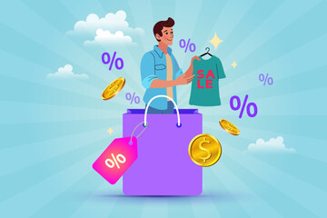 Shopping sale concept. A happy man emerges from a shopping bag, holding a discounted t-shirt. Floating coins and percentage signs symbolize great deals and discounts. Vector for a retail promotion.