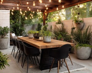Rustic outdoor dining area under pergola.