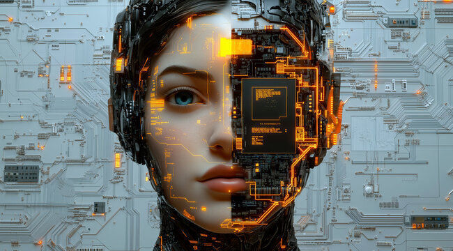 AI Artificial intelligence cyber. Futuristic AI abstract design, intricate circuitry pattern. AI Robot face, virtual human, virtual character, digital clone, machine learning. Realistic photo