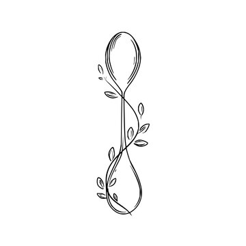 spoon entwined with leaves, black line art clip art preview