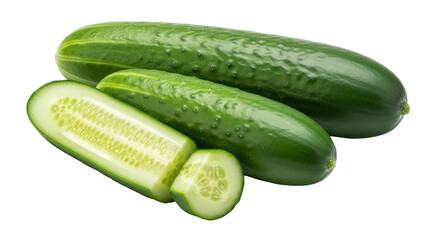 Isolated fresh whole cucumbers with slices for salad, pickle products, healthy ingredient
