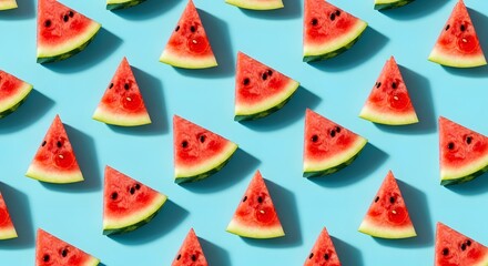 Bright red watermelon slices pattern vibrant summer blue background Fresh Healthy Sweet Juicy Refreshing Food Tropical