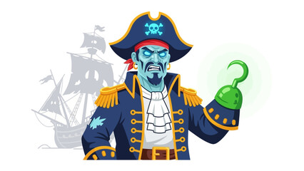 Pirate Captain with Hook and Pirate Ship Silhouette: A fearsome pirate captain, adorned in a captain's hat and a sinister hook, commands attention against the backdrop of his ominous pirate ship.
