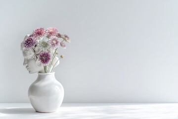 A white ceramic vase, holding a bouquet of pastel pink and white flowers, rests beside a light-colored sculpture of a woman's head