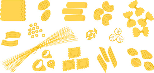 Various types of Italian pasta. Noodles, lasagne, spaghetti and penne. Traditional classic cooking of Italian cuisine. For menus and food design, pizzerias and restaurants.