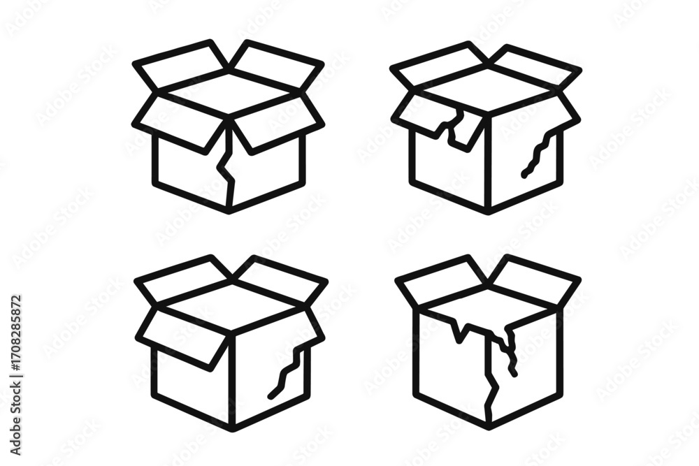 Poster damaged box line icon set for graphic design. broken open cardboard package for delivery and shippin