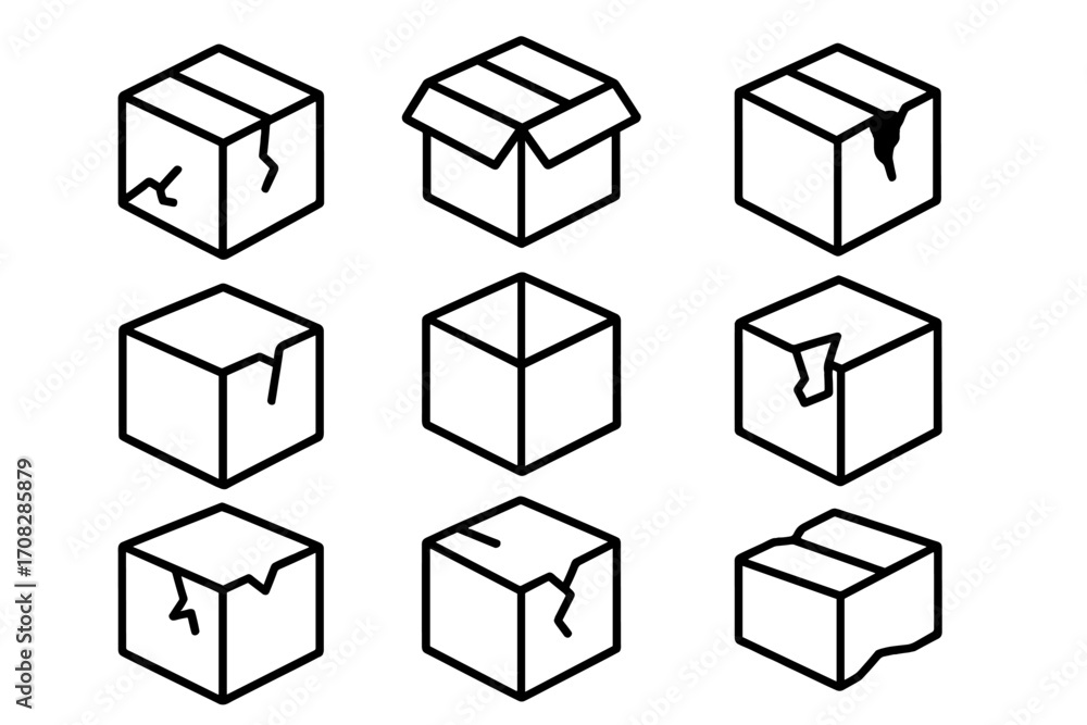 Poster damaged package icon set. broken box, shipping problem concepts. fragile delivery vector line icons 