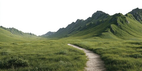 Lush green valley flanked by rolling hills. A pathway winds through the grassy plain