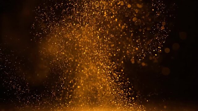 A seamlessly looping video showcasing glowing golden particles slowly rising and diffusing like a gentle aura burst sparkle, light, warm