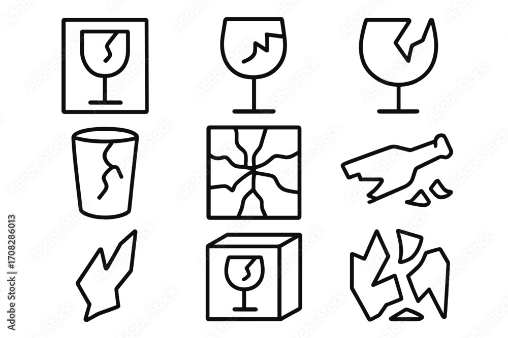 Poster broken glass line icon set. fragile warning symbol for packaging and shipping. vector outline icons 