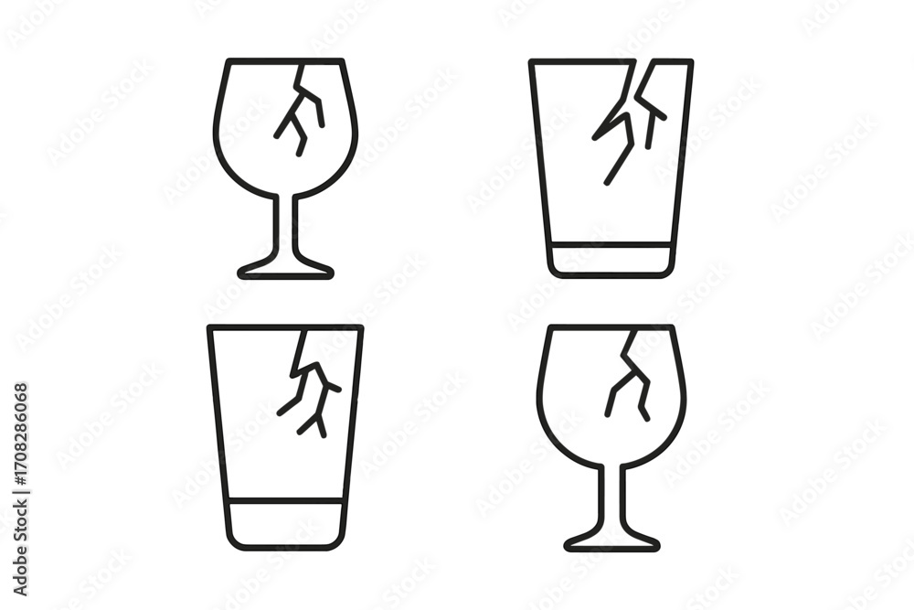 Poster broken glass line icon set. fragile package symbol. cracked glassware outline pictogram for web and 