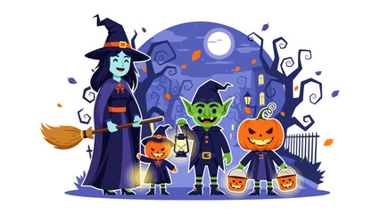 Halloween Spectacle: A whimsical Halloween scene unfolds with a cheerful witch, an impish goblin, and animated pumpkin creatures. They bring the spirit of the spooky season to life. 