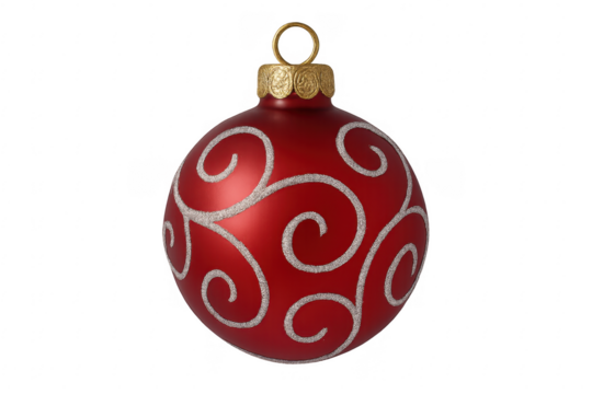 Red christmas ball ornament hanging with silver glitter swirls on transparent background