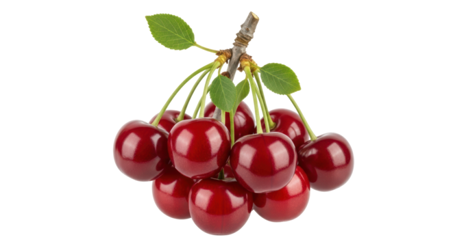 Isolated bunch of ripe sweet cherries, juicy red fruit with stems and fresh green leaves