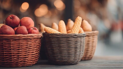 Community café blurred wicker baskets of corn and pears by entrance, cinematic cozy palette