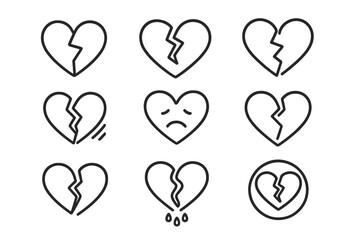 Broken heart line icon set. Heartbreak, divorce, and sadness concept symbols. Vector outline signs for graphic and web design, apps, and UI. Love and relationship crisis.