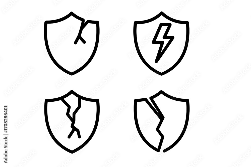 Poster broken shield line icon collection. unsafe protection symbol set. security failure and data breach c