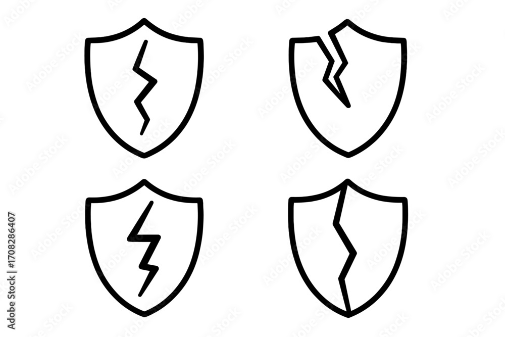 Poster broken shield line icon set. concept of vulnerability, risk, and security failure. unsafe, no protec