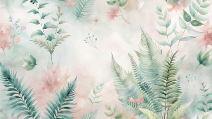 Whimsical botanical wallpaper pattern with soft pastel flowers and lush greenery