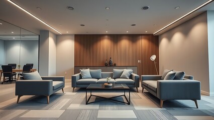 Fototapeta premium Modern office lounge with sleek furniture and a sophisticated neutral palette, arranged in a dynamic diagonal composition.