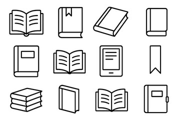 Book line icon set. Reading, library, and education outline icons. Vector symbols for web design, apps. Includes open book, diary, ebook, bookmark, and textbook signs for knowledge.