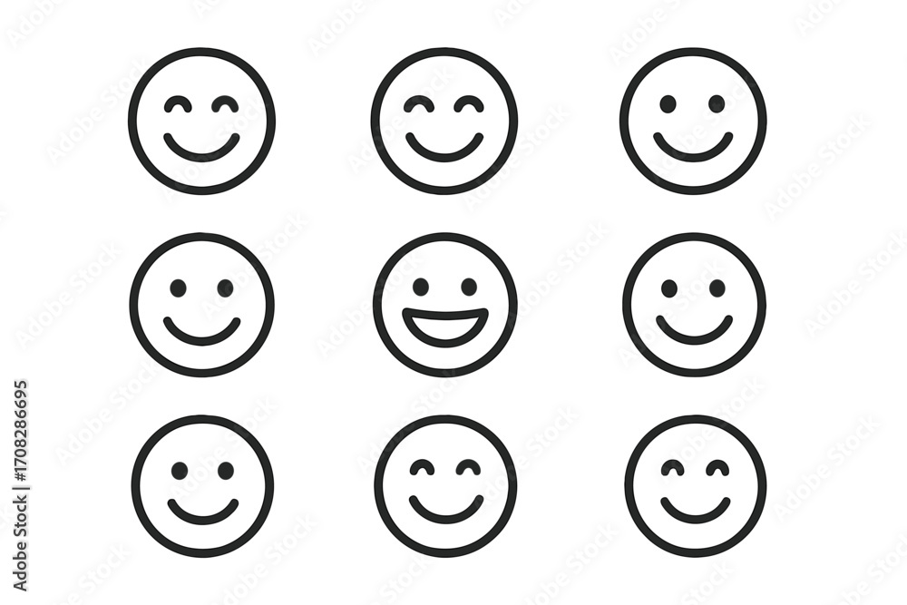 Poster happy face icons set. emoticon collection for customer satisfaction feedback. simple line art smiley