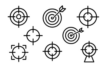 Aim and target line icon set. Crosshair, bullseye, and arrow signs. Vector outline symbols for goal, focus, accuracy, precision. For web, app, and graphic design.