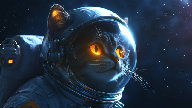 Cosmic kitty in astronaut gear floats by Earth, bright visor and starry sky.